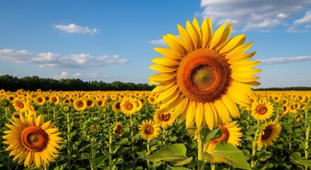 Vibrant field of sunflowers under a beautiful blue summer sky