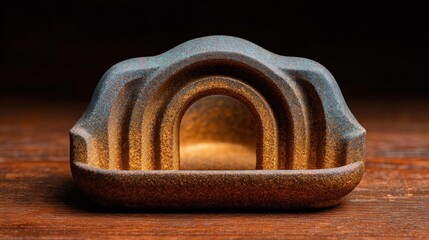 Close-up of a small, rectangular object with a unique design. the object appears to be made of ceramic or a similar material, with a dark brown color and a rough texture.