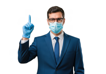 A professional man wearing a blue suit and tie with a protective face mask and blue glove points his index finger upwards isolated on transparent background