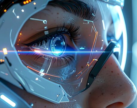 Close-up of a woman's eye with futuristic augmented reality cybernetic implants and glowing blue digital interface overlay.