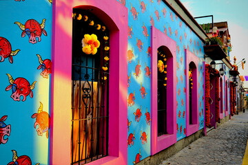 Blue Restaurant with Pink Window Frames and Bull Motifs (Oaxaca de Juarez, Oaxaca, Mexico – November 7, 2025)  © Gregory