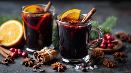 Mulled wine with cinnamon, spices, and orange on a concrete background &ndash; a traditional winter holiday drink. Mulled wine recipe and menu. Festive mugs of mulled wine surrounded by spices