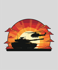 Obraz premium Military tank and helicopter in dramatic sunset scene silhouette design for power and defense concepts