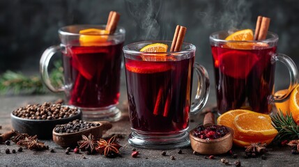Mulled wine with cinnamon, spices, and orange on a concrete background – a traditional winter holiday drink. Mulled wine recipe and menu. Festive mugs of mulled wine surrounded by spices