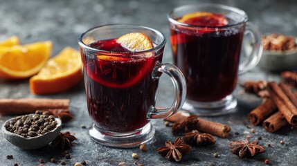 Mulled wine with cinnamon, spices, and orange on a concrete background &ndash; a traditional winter holiday drink. Mulled wine recipe and menu. Festive mugs of mulled wine surrounded by spices