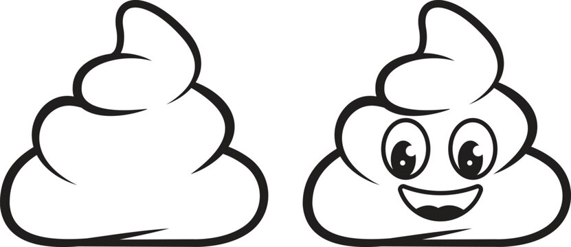 Funny poop outline icon set. Black pile of poo emoji with a big smile and big eyes, presenting a cheerful and humorous concept isolated on transparent background. Vector illustration.