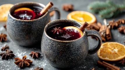 Mulled wine with cinnamon, spices, and orange on a concrete background &ndash; a traditional winter holiday drink. Mulled wine recipe and menu. Festive mugs of mulled wine surrounded by spices