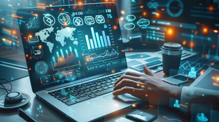 Business finance data analytics graph chart report, man using laptop computer hand typing investment data