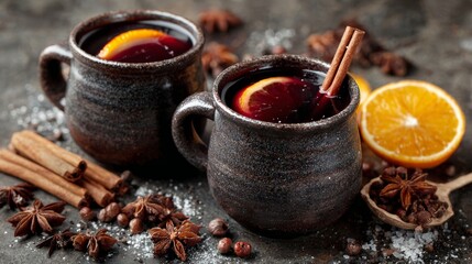 Mulled wine with cinnamon, spices, and orange on a concrete background &ndash; a traditional winter holiday drink. Mulled wine recipe and menu. Festive mugs of mulled wine surrounded by spices