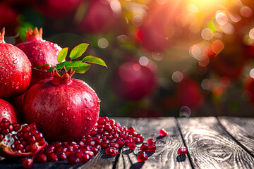 Fresh pomegranates with water droplets glistening in sunlight against a blurred background