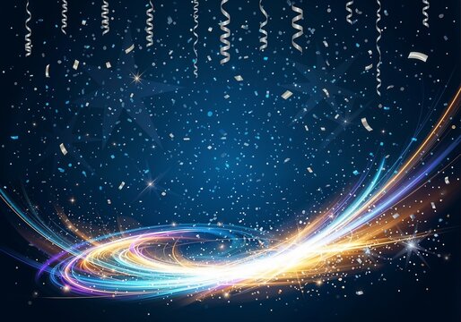 Shimmering New Year's Eve celebration background with festive decorations. Abstract holiday design with falling confetti and a glowing swirl of light
