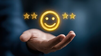 Hand holding happy face feedback