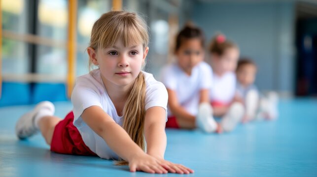 Girl stretching on gym floor during physical education class, other children blurred in background, promoting children's fitness - Powered by Adobe