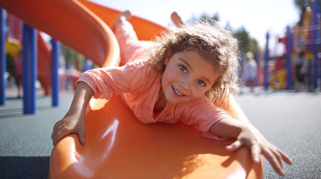 Happy child sliding down an orange playground slide, smiling and enjoying summer fun outdoors during playtime