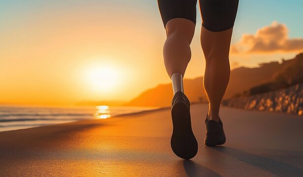 Close up view of a person running on the beach at sunset, wearing black leggings and athletic shoes with the sun setting - Powered by Adobe