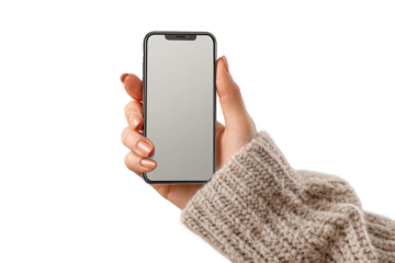 Hand holding a blank smartphone in a knitted sweater
