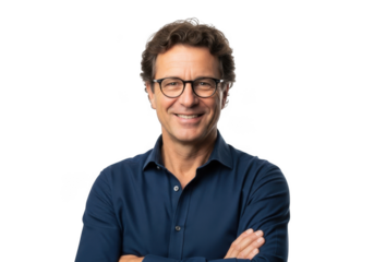 Smiling middle aged man with short curly hair wearing glasses and a dark blue collared shirt with arms crossed isolated on transparent background