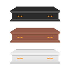 Set of wooden coffin for funeral ceremony isolated on white background. Vector stock