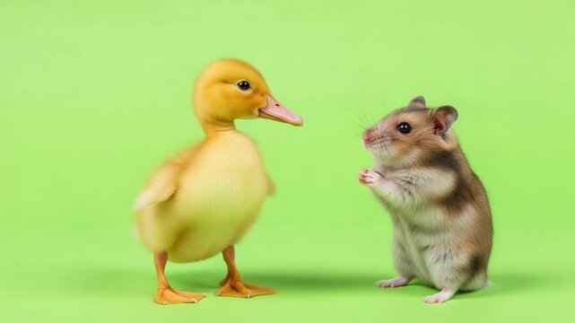 A duckling and a hamster facing each other on a greenscreen background.