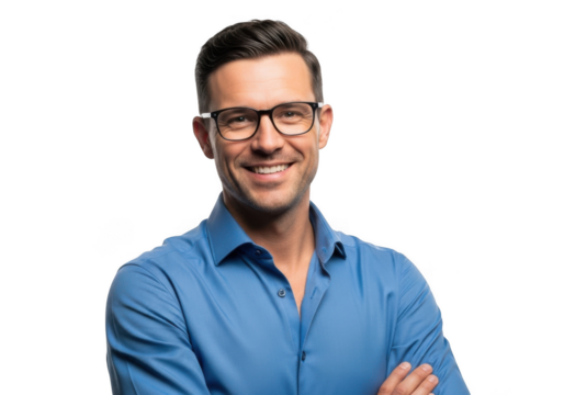 A smiling man with glasses wearing a blue collared shirt with his arms crossed isolated on transparent background