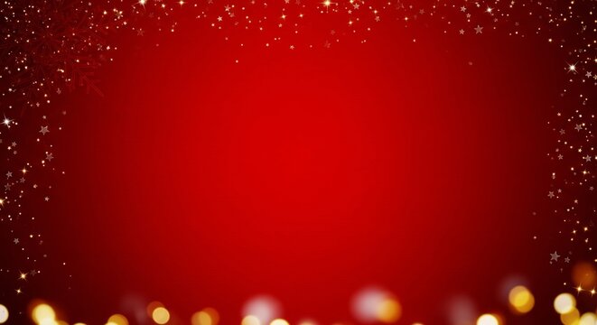 Vibrant red background illuminated with shimmering golden bokeh lights and elegant sparkling dust, creating a magical and festive atmosphere perfect for holiday celebrations and special occasions