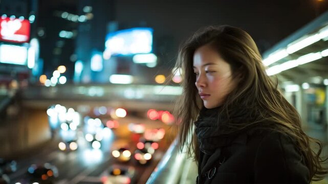 女性が風の強い夜に髪とコートの揺れを残し静かに佇む