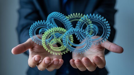 Abstract digital gears and cogs intricately interlocking and spinning in a person s open hands representing innovation and technology