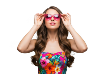 Stylish young woman wearing trendy heart shaped pink sunglasses and a vibrant floral strapless dress isolated on transparent background