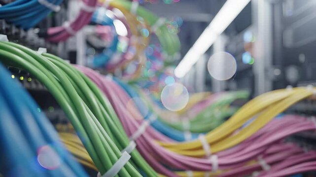Colorful network cables in datacenter with bokeh effects. ethernet patch cords organized at server rack. Modern telecommunications infrastructure for internet connectivity, data transmission