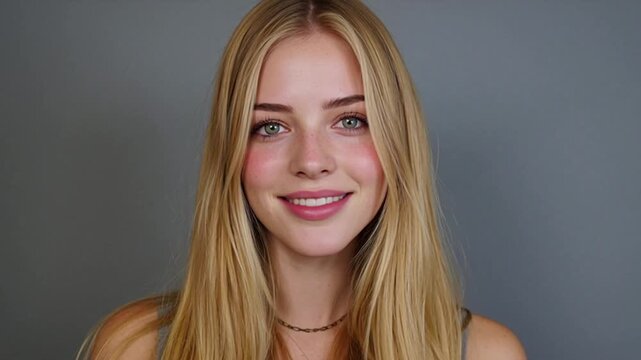 Beautiful woman smiles confidently with flowing blonde hair for beauty and lifestyle videos, offering a fresh and authentic presence on camera