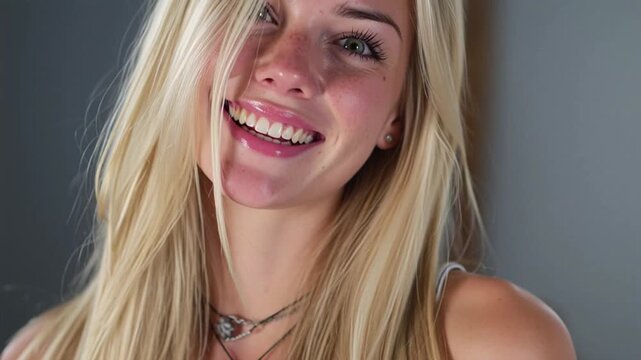 Blonde woman with captivating green eyes smiling softly, perfect for beauty, health, or lifestyle content, conveys natural beauty and confidence