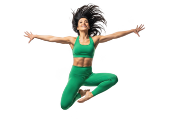 Athletic woman in green activewear performing a dynamic leap with arms extended and legs bent isolated on transparent background