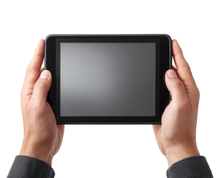 Hands holding a tablet computer.  Blank screen