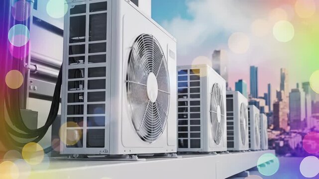 Multiple white air conditioning units on rooftop with urban skyline background and colorful bokeh overlay. Hvac outdoor compressor systems for climate control and ventilation. Commercial cooling