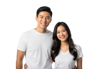 A happy young asian couple wearing white t shirts smiles warmly together isolated on transparent background