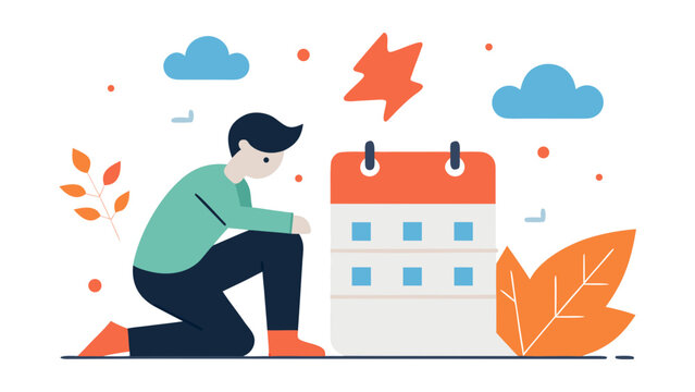 Sad man kneeling next to calendar with autumn leaves and storm icon symbolizing seasonal depression - Powered by Adobe