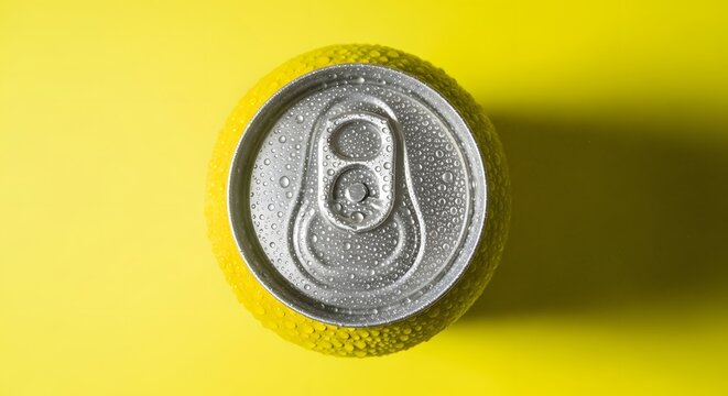 Refreshing yellow drink can with condensation and vibrant color background