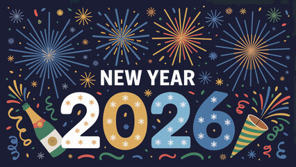 Cheerful New Year 2026 Celebration Design with Fireworks and Festive Elements for Holiday Greetings and Invitations