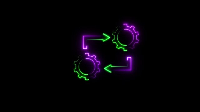 Neon spinning gears animation on background.Connected cogwheels rotating neon effects animation