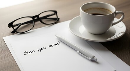 Relaxing Coffee Break with Encouraging Note and Reading Glasses on Desk