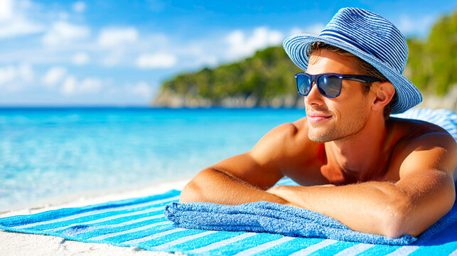 Wellness Portraits Männer in sommerlicher Umgebung: moderne Männer, entspannte Momente am Pool und Strand mit natürlichen Farben und realistischem Licht für Lifestyle und Wellness Projekte - Powered by Adobe