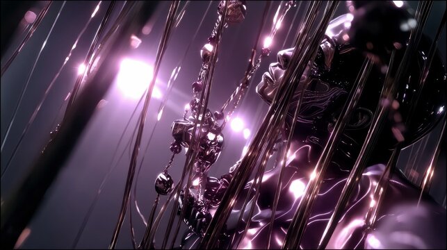 A metallic sculpture with intricate details and reflections, illuminated by soft purple light, creating an abstract and futuristic aesthetic.