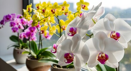Naklejka premium Beautiful phalaenopsis orchid blooms in vibrant colors and natural light