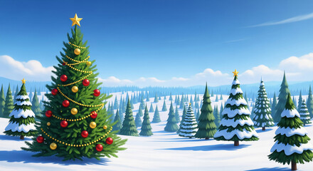 Cartoon landscape with green tree decorated with ornaments and golden star, representing Christmas or winter holiday, evokes festive mood and celebration