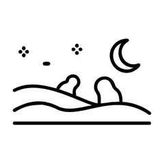 Minimalist desert landscape with dunes, moon, and stars isolated on