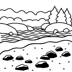 Simple line art of a lakeside landscape with rocks and trees isolated on white