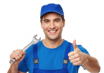 Smiling mechanic wearing blue overalls and cap holding a wrench and giving a thumbs up gesture isolated on transparent background