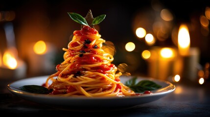 Spaghetti with tomato sauce in the shape of a Christmas tree on a plate against a blurred background of candles, with a warm color palette, food photography, commercial photography.