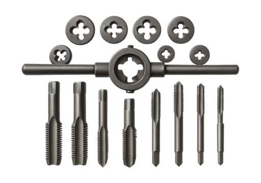 Carbon steel tap and die set offering various sizes for general maintenance needs.