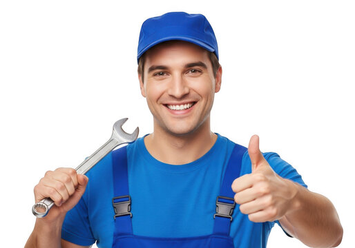 Smiling mechanic wearing blue overalls and cap holding a wrench and giving a thumbs up gesture isolated on transparent background